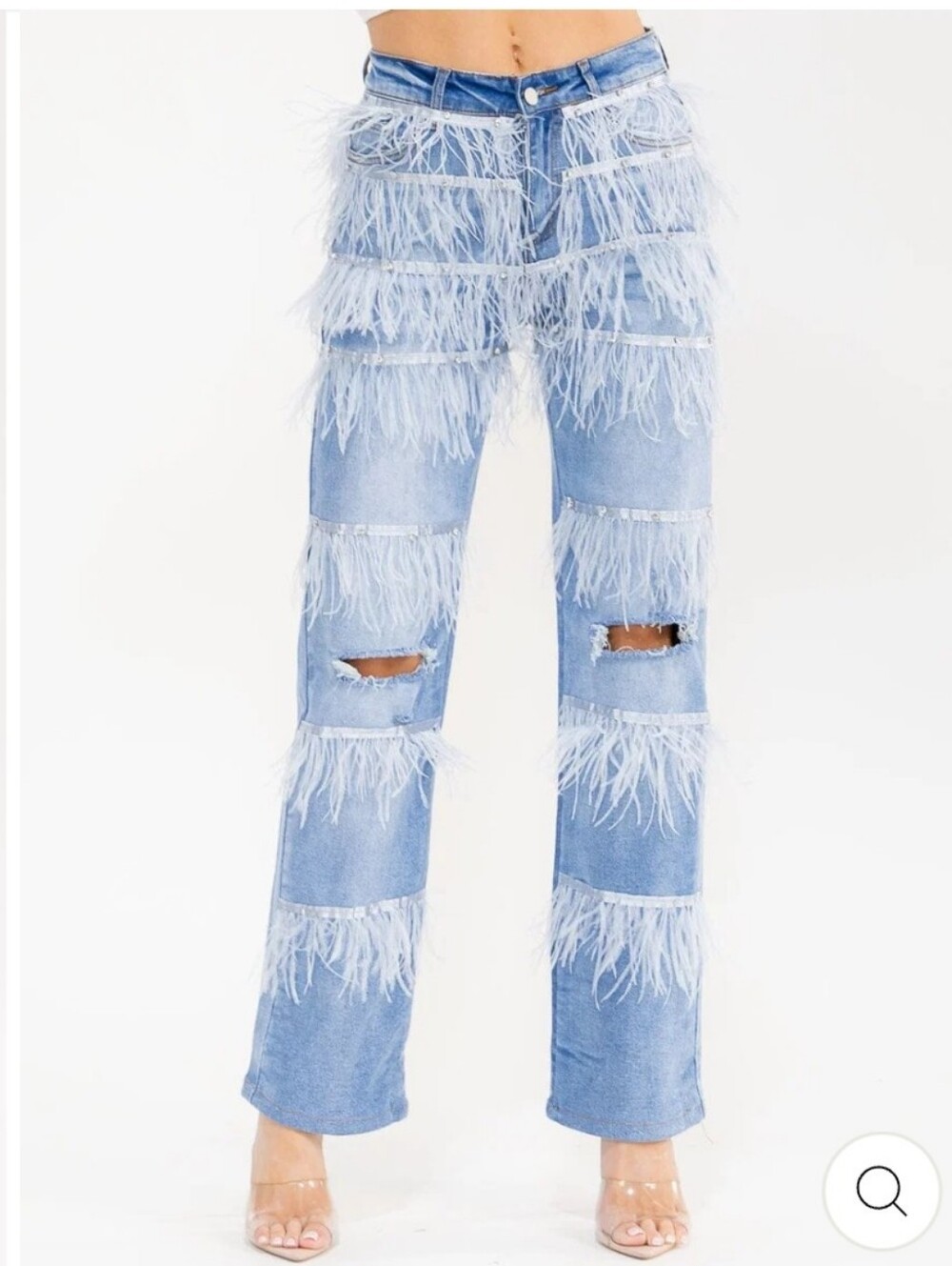 Hot & Delicious Light Blue Feather/Rhinestone Detail Distressed Women’s Jeans